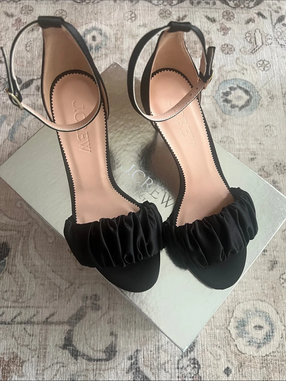 J. Crew Collection Riley Black Satin Scrunch Sandal Heels